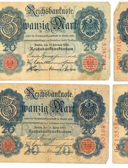 5 historische Banknoten, 1907-1914, Reichsbanknote 20 Mark - Dresden
