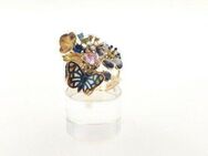 Damenring mit Schmetterling und Blumen aus 14 kt Gold mit Farb Kristalle und Ema - Leimen Zentrum