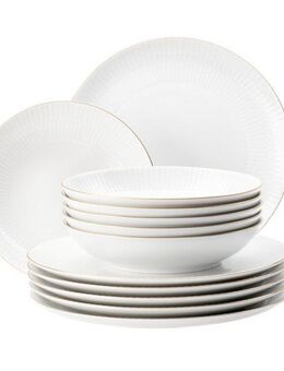 Seltmann Weiden Tafelservice Tafelservice 12-teilig Amina Goldrand, Teller, Suppenteller (12-tlg), 6 Personen, Porzellan, Speiseeller, Suppenteller, weiß, gold