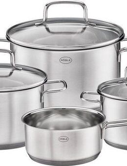 RÖSLE Topf-Set Basic Line, Edelstahl 18/10 (Set, 4-tlg., je 1 Kochtopf Ø 16/20/24 cm, 1x Stielkasserolle Ø 16 cm), Universaltöpfe mit Schüttrand und Glasdeckel, Induktion