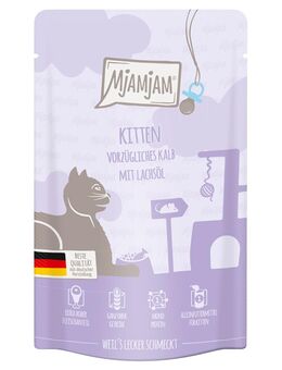 MjAMjAM Quetschie Kitten 12 x 125 g - vorzügliches Kalb mit Lachsöl