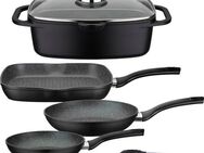 GSW Topf-Set Gourmet Granit, Aluminiumguss (Set, 5-tlg., 1 Bräter, 1 Grillpfanne Ø 28cm, je 1 Bratpfanne Ø 20/24cm, 1 Kochzange), Induktion