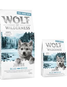 12 + 2 kg gratis! 14 kg Wolf of Wilderness Trockenfutter - Freilandhuhn mit Lachs Junior