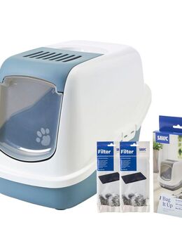 Savic Katzentoilette Nestor - Starterset: Toilette earth blue/weiß + 2 extra Filter + 12 Bag it up
