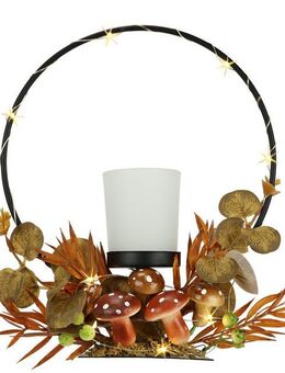 I.GE.A. Teelichthalter Teelichthalter mit Metall-Bogen LED-Licht (1 St), Herbstlich dekoriert Herbstlaub Eukalyptus Teelicht-Glas