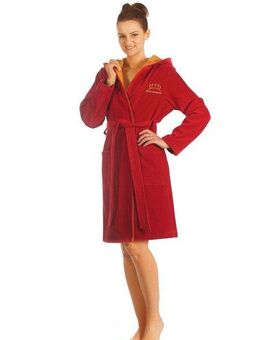 Miss Germany Damenbademantel Missy, ideal für Sauna & Spa, Hotelbademantel, Morgenmantel, Kurzform, Frotteevelours, Kapuze, Gürtel, Egeria, mit Kapuze farblich abgesetzt, mit Miss Germany Stickerei Logo
