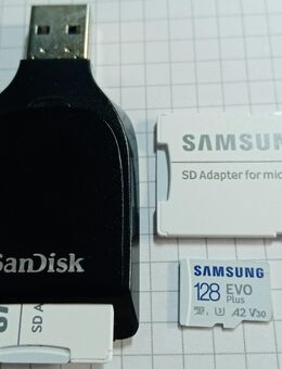 Speicherkartenleser - SD Laufwerk, SanDisk, USB 3.0 Typ A, MicroSDXC 128GB, Samsung EVOPlus, A2, V30, U3, 4k, mit einer Datenübertragung von bis zu 130MB/s, inklusive SD-Adapter - Fürth