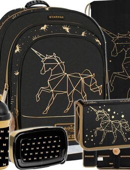 Schulrucksack für Mädchen - Schwarz/Gold mit Einhornmotiv, 5-teilig, Klasse 1-3 Set34522 - Wuppertal