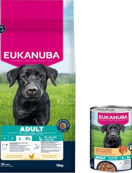 15 kg Eukanuba Premium Nutrition + 3 x 400 g passendes Nassfutter gratis! - 15 kg Adult Large & Giant Breed Huhn + 3 x 400 g Adult Pute mit Karotten