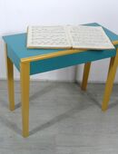 70er Sofa Beistelltisch oder Klavierhocker mit Deckelfach, Ockergelb + Türkis in 53489