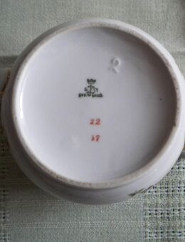 Porzellan-Zuckerdose,Weiß,Gold,Bunt,Alt,ca. 30-50er Jahre,mit Bodenmarke - Linnich