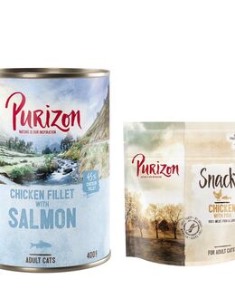 Purizon Kombi-Paket: Adult Nassfutter + Snack - 24 x 400 g Hühnerfilet mit Lachs + 3 x 40 g Huhn mit Fisch