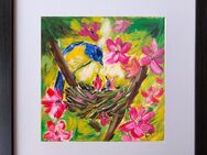 Vogel Bild handgemalt, Ölbild eingerahmt, Vogel Nest Blumen - Mönchengladbach