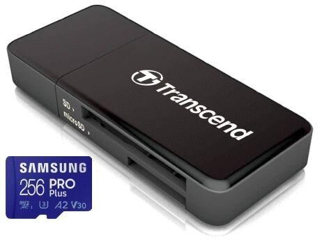 Speicherkarte MicroSDXC 256GB, Samsung PROPlus mit einer Datenübertragung von bis zu 160MB/s, Speicherkartenleser Transcend Dual,  MicroSD & SD Laufwerke, USB 3.0 Typ A, schwarz - Fürth