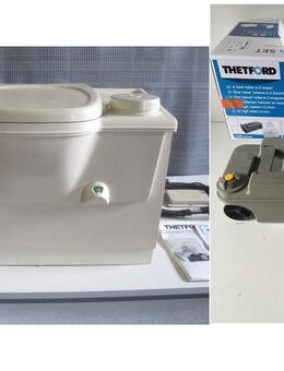 Thetford C2 creme gebraucht RECHTS, HANDPUMPE (ohne Strom) mit neuem Fresh-up-Set (Toilettenbrille mit Deckel, Kassette & Einbauanleitung) - Schotten Zentrum