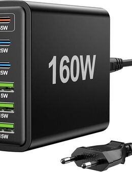 FNITAER 160W USB ladegerät mehrfach, 6 Ports netzteil USB c, Mehrfachsteckdose mit USB-C und -A, Schnellladegerät, Mehrfachstecker, Adapter für Laptop, Smartphones, ipad und Kopfhörer,Schwarz - Emsdetten