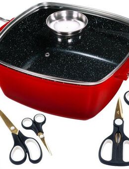 KING Bräter 7 L, Aluguss, Aluminiumguss (Set, 7-tlg., 5 Scheren: Handarbeit-, Papier-, Haushalt-, Universal- und Multischere), mit Glasdeckel und Aromaknopf, Induktion, Keramikbeschichtung