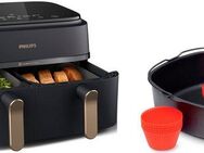 Philips Heißluftfritteuse 3000 Series NA352/00, Dual Basket Airfryer mit 9L Kapazität (3L+6L), 2750 W, RapidAir Technologie, Digitales Display, HomeID App, Schwarz/Kupfer