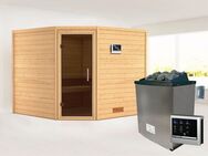 Karibu Sauna "Leona" mit graphitfarbener Tür Ofen 9 KW externe Strg modern, BxTxH: 231 x 231 x 198 cm, 38 mm, aus hochwertiger nordischer Fichte