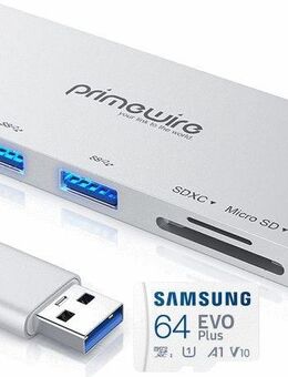 Speicherkartenleser CSL Dual, SD & MicroSD Laufwerke, USB 3.0 Typ A, 3fach Hub, 3x USB 3.0 Typ A, Samsung EVOPlus MicroSDXC 64GB mit einer Datenübertragung von bis zu 130MB/s - Fürth