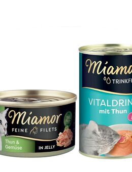 Miamor Kombi-Paket: Feine Filets 12 x 100 g + Trinkfein Vitaldrink 6 x 135 ml - Feine Filets Thunfisch & Gemüse + Vitaldrink mit Thunfisch
