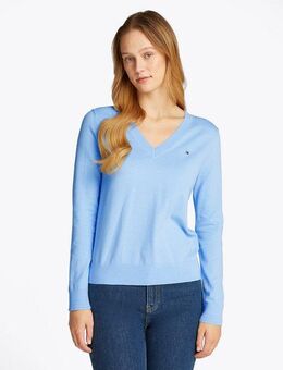 Tommy Hilfiger V-Ausschnitt-Pullover CO JERSEY STITCH V-NK SWEATER mit V-Ausschnitt und Ripp Baumwollmischung