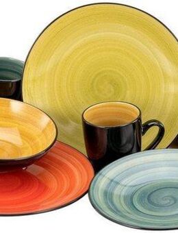 CreaTable Kombiservice Geschirr-Set Samoa (16-tlg), 4 Personen, Steinzeug, Service, handgemaltes Spiraldekor, 16 Teile, für 4 Personen