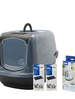 Savic Katzentoilette Nestor Jumbo Marble - Starterset: Toilette marmor anthrazit-weiß / schwarz + 2 extra Filter + 6 Bag it up