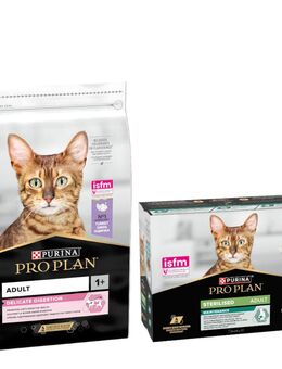 PURINA PRO PLAN Trockenfutter + 10 x 85 g Sterilised Adult Maintenance gratis! - 10 kg Delicate Digestion reich an Truthahn