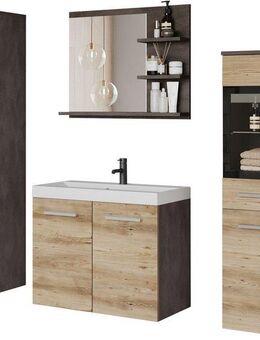 welltime Badmöbel-Set MADRIT, (Komplett-Set, 5-St., mit Waschbecken), Waschtisch inkl. Waschbecken, Badschrank, Hochschrank, Spiegel