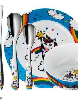 WMF Kindergeschirr-Set Einhorn (6-tlg), 1 Personen, Cromargan® Edelstahl Rostfrei 18/10, ab 3 Jahren, spülmaschinengeeignet, farb- und lebensmittelecht