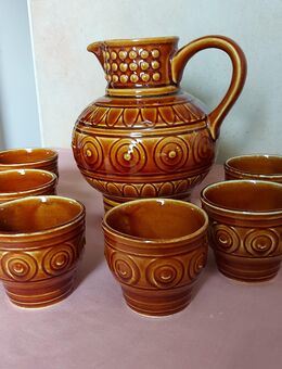 7 teilig - Keramik Krug mit 6 Becher, mit Muster,glasiert /DDR - Leipzig Ost