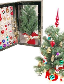 Krebs Glas Lauscha Künstlicher Weihnachtsbaum Mini Weihnachtsbaum 45 cm - mit Kugeln, Figuren und Spitze, Edeltanne, Weihnachtsbaumschmuck inkl. Kugelaufhänger