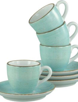 CreaTable Espressotasse Vintage Nature Aqua, Espresso-Set, 8-tlg., Porzellan, Handgemalt, Gesprenkelt, Rustikales Außenband