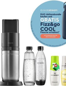 SodaStream Wassersprudler SodaStream DUO, titan, mit 3 Flaschen, 1 CO2-Zylinder und 2 Sirups, (Set, 7-tlg., Sirups: 1x 7up 440 ml, 1x Holunderblüte 440 ml), 1x Glasfl. 1L, 1x Kunststofffl. 1L, 1x Fizz&go COOL storm 0,9L