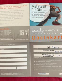 2 Gästekarten für Body + Soul, gültig bis 05/2027, NP je 25,- für je 20,- - München