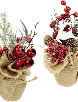 Winterliche Kunstpflanze Weihnachtsgesteck in Jute, Weihnachtsdeko im 2er Set, Tanne, I.GE.A., Höhe 20 cm, Kunstblumen-Arrangement 1x mit Horn und 1x mit Hirsch