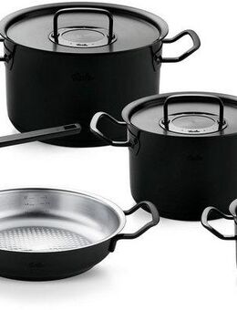 Fissler Topf-Set Original-Profi Collection ShadowLine, Edelstahl 18/10 (Set, 8-tlg., 3 Kochtöpfe mit Metalldeckel, 1 Servierpfanne, 1 Stielkasserolle), Auf 1.800 Stück limitiert, Echtheitszertifikat, Made in Germany