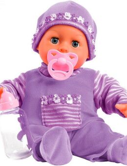 Bayer Babypuppe First Words Baby, 38 cm, lila (3-tlg), mit Schlafaugen und Babygeräuschen
