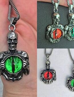 Edelstahl Collier SKULL Totenkopf - Farbstein: rot + grün + blau ( Kette + Anhänger ) - Bruchköbel