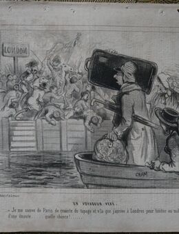 Alte Lithografie aus La Charivari , Un voyageur vexe. , London , Grafik von Cham , Blattgröße 37cm x 26cm , fleckig ,M39 - Görlitz