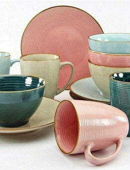 CreaTable Frühstücks-Geschirrset Service, Cosy Morning (Teller, Schale, Kaffeebecher) (12-tlg), 4 Personen, Steinzeug, Kreisstruktur, in Pastell-Farben, 12 Teile, für 4 Personen