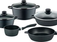 Elo Basic Topf-Set Black Cast, Aluminiumguss (Set, 10-tlg., je 1 Kochtopf 16/20/24 cm, Stielkasserolle 16 cm, 2 Pfannen 24 cm), Induktion