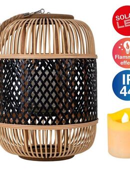 näve LED Dekolicht Korbinian, Tageslichtsensor, LED fest integriert, Warmweiß, Rattankorb natur/schwarz mit Griff inkl. Solarkerze mit Flammeneffekt