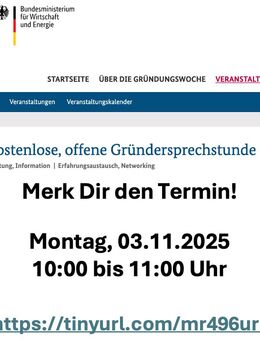 Merkt Euch den Termin! Kostenlose, offene Gründersprechstunde Mittwoch, 03.11.2025 - Online - Bonn Godesberg-Villenviertel