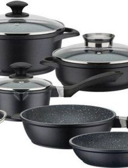 GSW Topf-Set Gourmet Granit, Aluminiumguss (Set, 12-tlg., Kochtopf 20/24, Stieltopf 16, Pfanne 20/24, Bräter, Dampfeinsatz), Induktion