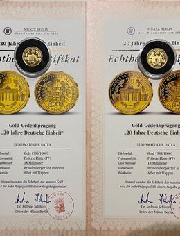 Zum Goldpreis: 7 Medaillen 20 Jahre Deutsche Einheit 8,4 Gramm Feingold - Mannheim