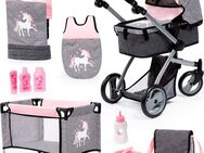 Bayer Puppenwagen Mega grau/rosa, (Set), mit Reisebett, Schlafsack, Wickeltasche und Zubehör