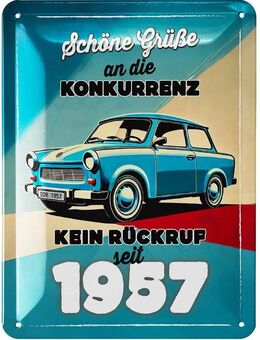 Lustiges Blechschild Trabant Schöne Grüße an die Konkurrenz Ostalogie - Lanolu 15x20 cm - Berlin