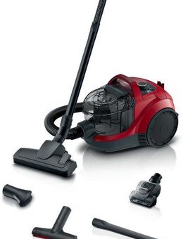 BOSCH Bodenstaubsauger Serie 4 BGS21CAR, Hygiene-Filter, XXL-Polsterdüse, XXL-Fugendüse, 750 W, beutellos, 10 J. Motorgarantie, ideal zur Fahrzeug-Innenreinigung, kompakt, rot